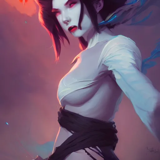 Prompt: a portrait of a beautiful vampire ninja, concept art by pete mohrbacher and wlop and artgerm and guweiz and ilya kuvshinov, digital art, highly detailed, intricate, sci - fi, sharp focus, trending on artstation hq, deviantart, unreal engine 5, 4 k uhd image