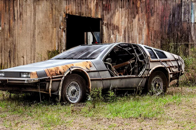 Image similar to rusty, derelict 1 9 2 2 delorean inside a dusty worn down old barn