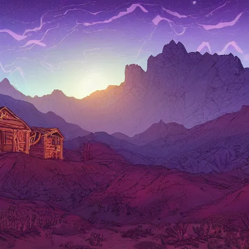 Prompt: mysterious desert at night, watefall and mountains on background, little abandoned village on foreground, by dan mumford and sandra chevrier, 4 k