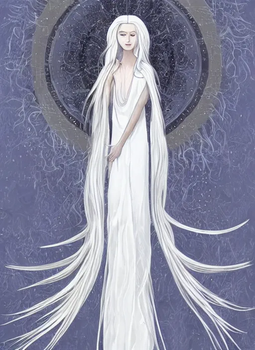 Image similar to tall thin beautiful goddess, pale wan female angel, long flowing silver hair covering her whole body, beautiful painting, young wan angel, flowing silver hair, flowing white robes, flowing hair covering front of body, white robe, white dress of silver hair, covered, clothed, aesthetic, mystery