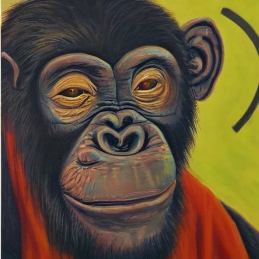 Image similar to portre of an autistic demonic chimpanzee on acid, masonic and kabalistic symbols in background, oil painting