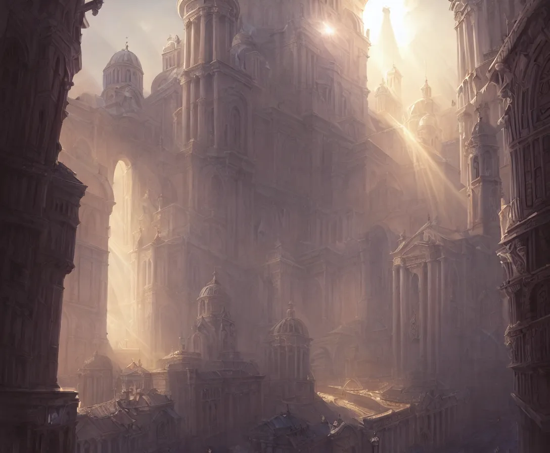 Image similar to highly detailed concept art of authoritarian pearly white medieval city, roman architecture with religious iconography, sunbeams, art by jonathan berube, digital painting, fantasy, d & d, beautiful, illustration