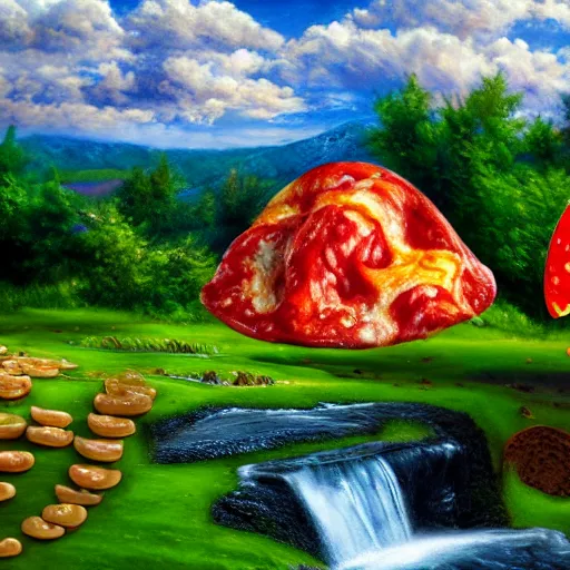 Image similar to highly detailed, high resolution, hyper realistic, 8 k, trending on artstation, landscape nature painting, trees made out of pizza, ground is made of cheese and pepperoni, waterfall made of marinara sauce, clouds are bell peppers, mushrooms