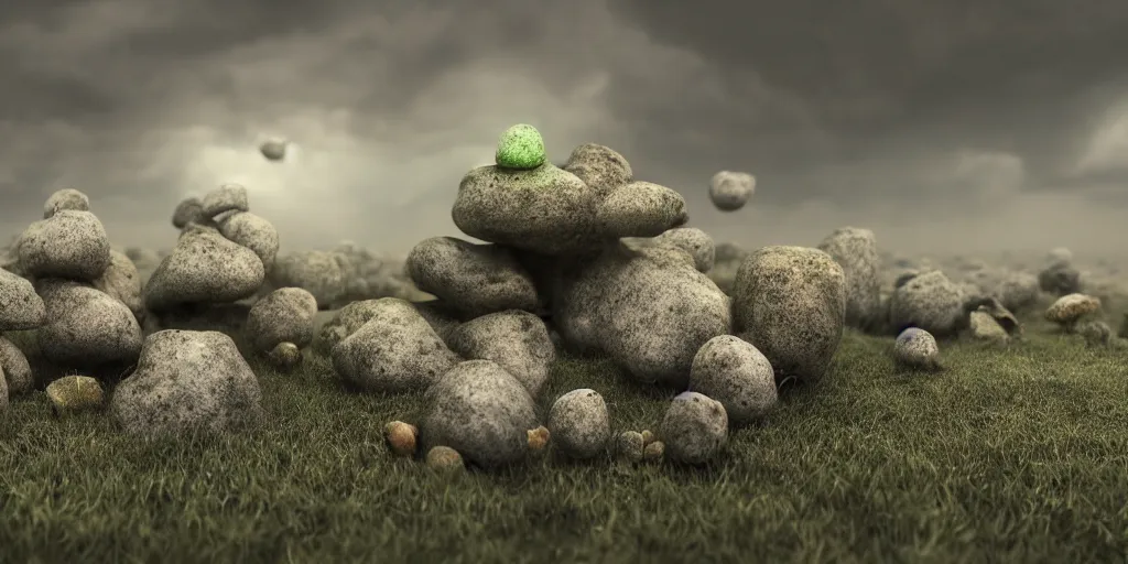 Prompt: Photorealistic crowd of fungus people made from fungus. Magically floating rocks, with ominous storm clouds, strange levitating stones, stones falling from the sky, a gentle rising mist. occult photorealism, UHD, amazing depth, glowing, golden ratio, 3D octane cycle unreal engine 5, volumetric lighting, cinematic lighting, cgstation artstation concept art
