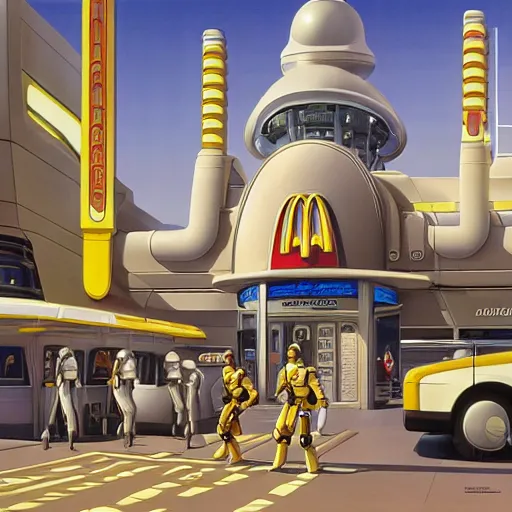 Image similar to intricately detailed ralph mcquarrie concept art of a futuristic mcdonalds with the golden arches displayed. a space station is seen off in the distance with various droids and people walking in the foreground. a trooper is seen holding a brown mcdonalds bag.