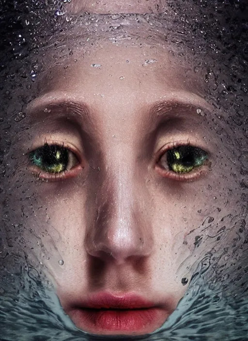 Image similar to beautiful extreme closeup portrait of a woman fully submerged ecxept of the top of his head, horrified look in his eyes, water reflection, sigma 85mm, highly detailed, soft lighting, elegant,sigma 85mm, Edward Hopper and James Gilleard, Zdzislaw Beksinski, Steven Outram, highly detailed