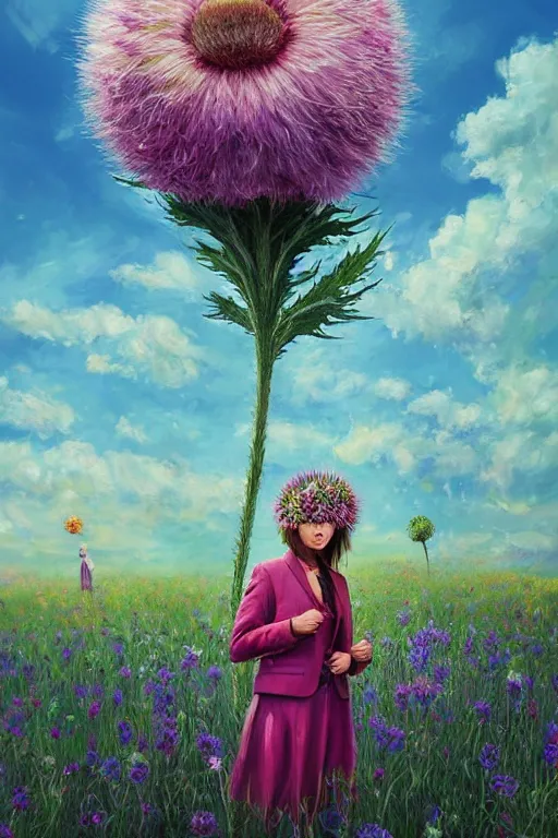 Prompt: portrait, enormous thistle flower under the head, girl in a suit in a field of flowers, surreal photography, sunrise, blue sky, dramatic light, impressionist painting, digital painting, artstation, simon stalenhag