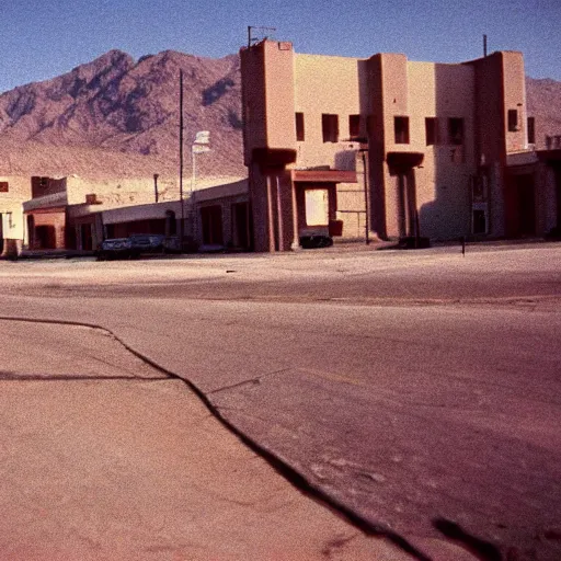 Image similar to 1 9 7 0 s movie still of a empty mammoth stalinist style town with high - rise in the desert, cinestill 8 0 0 t 3 5 mm eastmancolor, heavy grain, high quality, high detailed