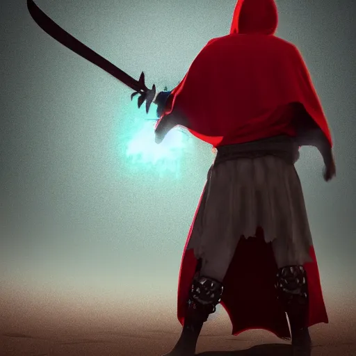 Image similar to view from the back warrior holding two swords, full body worn out torn cape, red hoodie, worn out clothes, floating spiral sand, desert, concept art, volumetric light, full body shot, 8K, trending on artstation