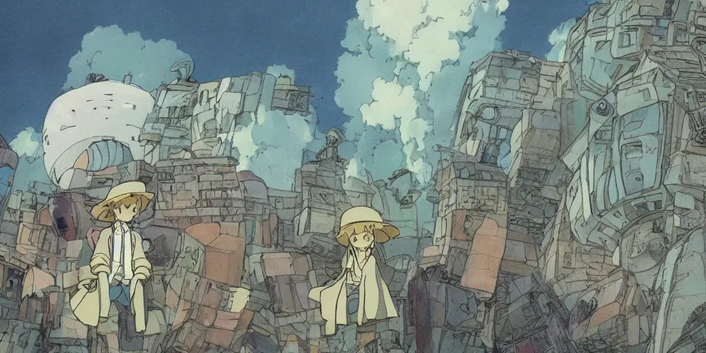 Prompt: a realistic cell - shaded studio ghibli concept art from howl's moving castle ( 2 0 0 4 ) of a floating cube from close encounters of the third kind ( 1 9 7 7 ). very dull colors, hd, 4 k, hq