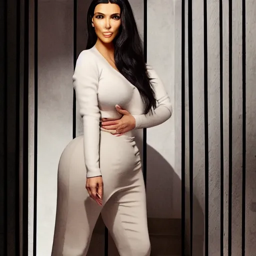 Prompt: Kim Kardashian standing on wooden stairs, staring inquisitively at the camera, elegant, high detail, GQ, Vogue,