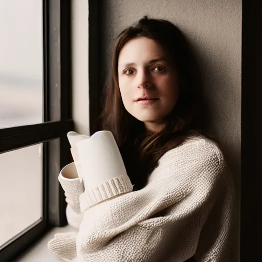 Image similar to photograph of a pretty french girl with dark hair, wearing a loose fitting oversized homely white sweater, cuddled up on a windowsill sipping tea from a mug with the light of the sunset illuminating her beautiful brown eyes. Shot in the style of Annie Leibovitz for an Ikea catalogue in 2008, Sigma 1.6, 50mm, bokeh, cinematic lighting, high detail, tack sharp focus, award winning.