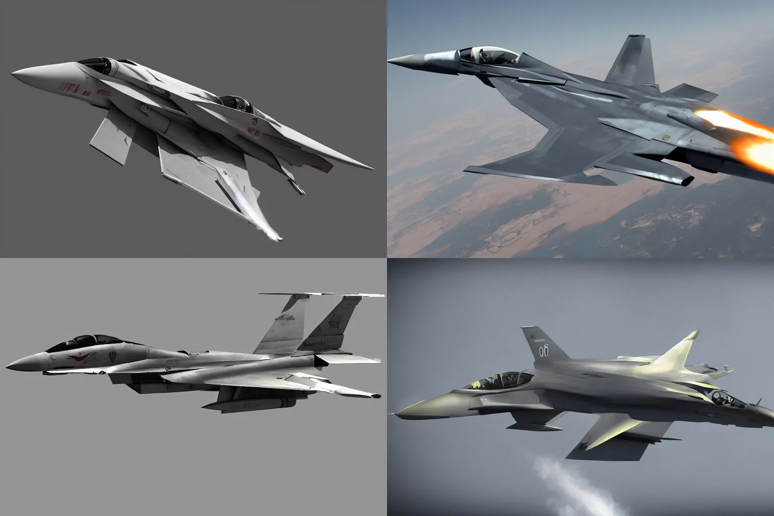 Prompt: new concept modern fighter jet, realistic, tomcat jet, raptor jet, hornet jet, falcon jet, digital art, trending on artstation