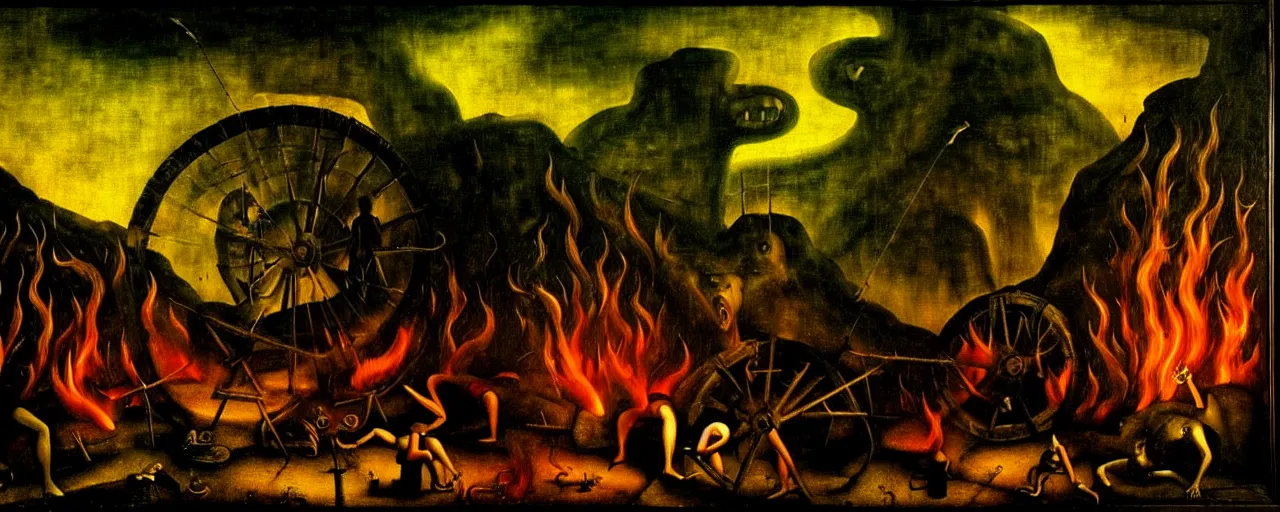 Image similar to trapped on a hedonic treadmill, dark uncanny surreal painting by bosch, dramatic lighting from fire glow, mouth of hell, ixions wheel