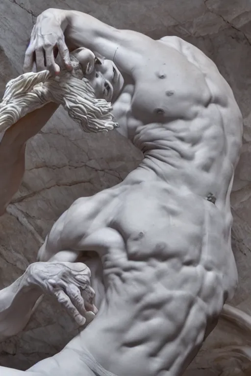 Image similar to epic and dramatic view of unfinished man sculpting himself statue made in tannish polished marble, realistic and ultra detailed by bernini, 8 k