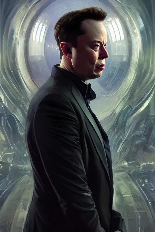 Image similar to elon musk as agent smith from the matrix, realistic portrait, symmetrical, highly detailed, digital painting, artstation, concept art, smooth, sharp focus, illustration, cinematic lighting, art by artgerm and greg rutkowski and alphonse mucha