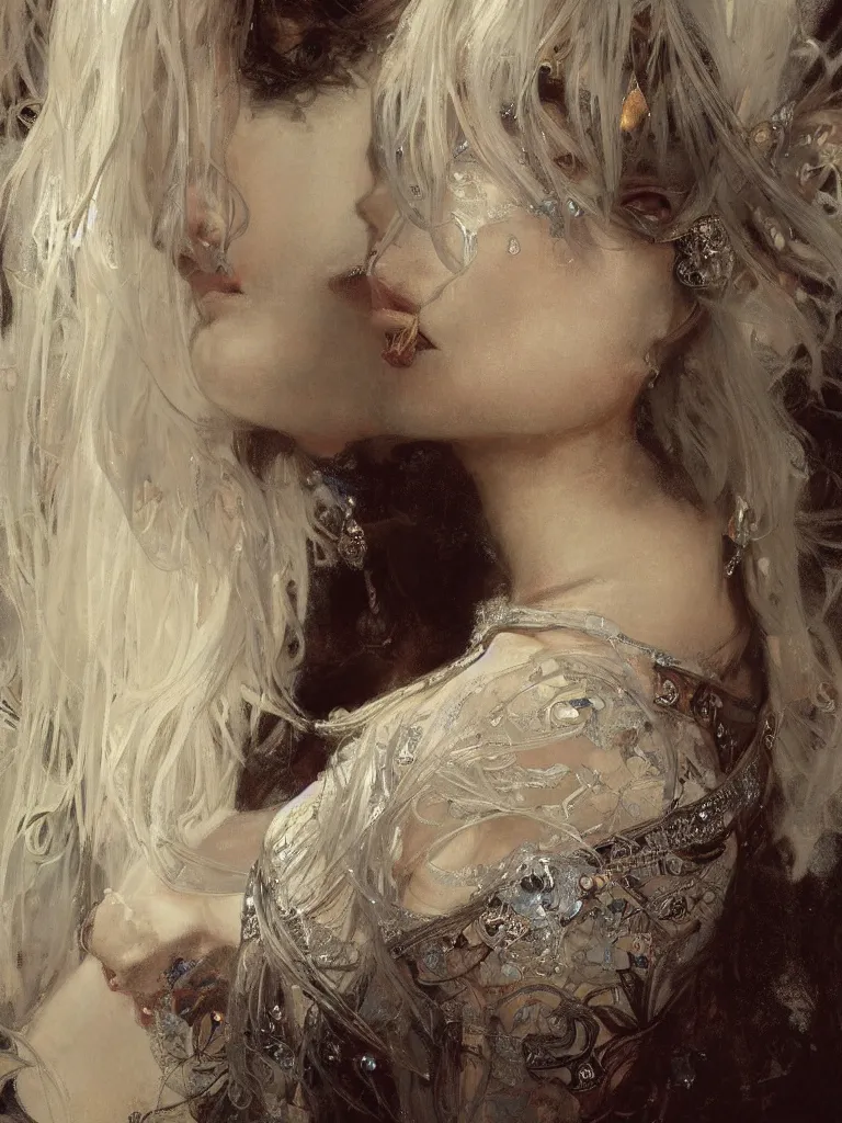 Image similar to a highly detailed beautiful white haired woman, adorned with precious stones, intricate line drawings by jeremy mann and alphonse mucha, 8 k resolution, trending on artstation, very very detailed, masterpiece, stunning,