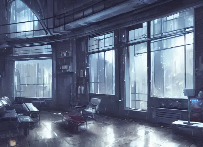 Image similar to interior design quiet loft, big windows, cyberpunk city, rainy day, night, science - fiction, samdoesarts, artstation