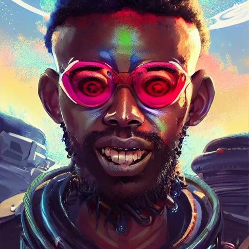 Image similar to a menacing somali space pirate with ruby eyes, Apex Legends character digital illustration portrait design, by android jones, detailed, cinematic lighting, wide angle action dynamic portrait