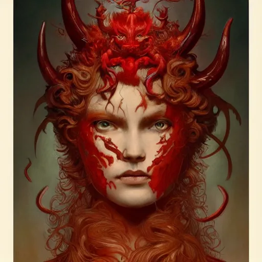 Image similar to a masterpiece! photographic portrait of a scarlet - colored beast with seven ( 7 ) heads and ten ( 1 0 ) horns by gustave dore and stephen hickman and allen williams, trending on artstation, cgsociety, 8 k hd, earthtone colors, a cloaked woman riding the back of the beast