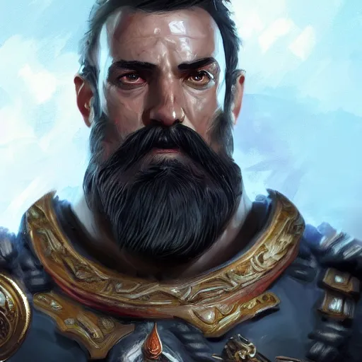 Image similar to A portrait of a muscular admiral with a black beard, D&D, sci-fi, elegant, hopeful, muscular, highly detailed, digital painting, artstation, concept art, smooth, sharp focus, illustration