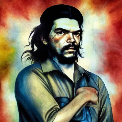 Image similar to colour masterpiece surreal closeup portrait photography of che guevara by miho hirano and annie leibovitz and michael cheval, psychedelic smoke background, 8 k