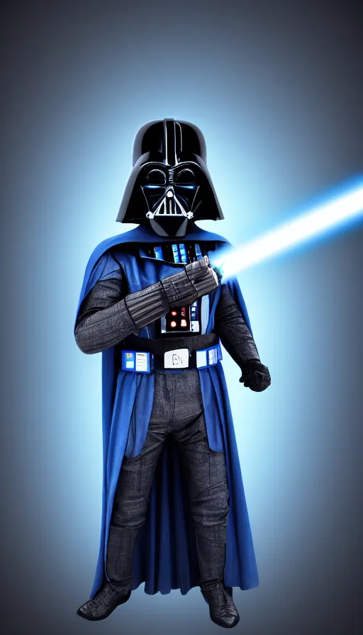 Image similar to A blue Darth Vader suit holding a blue lightsaber, 4k, dark background, 3d, full body,