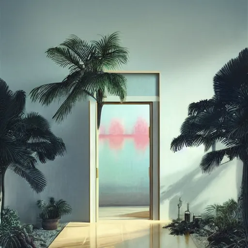 Image similar to indoor liminal dream, golden light, greg rutkowski, palm trees, pink door, minimalistic, hyperrealistic surrealism, award winning masterpiece with incredible details, epic stunning, infinity pool mirrors, a surreal vaporwave liminal space with mirrors, highly detailed, trending on artstation, artgerm and greg rutkowski and alphonse mucha, daily deviation