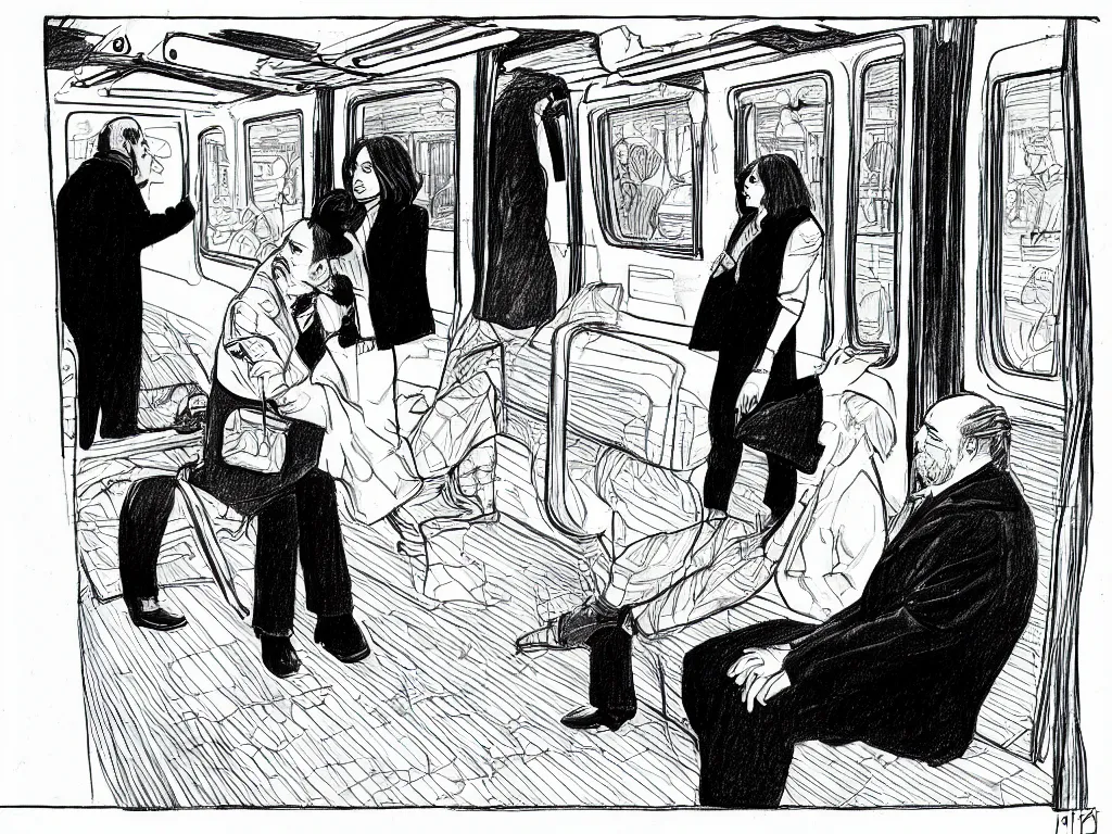 Prompt: a drawing by Jaime Hernandez, a low angle medium shot of two people sitting in an empty Chicago subway train, in front of windows: a sad Aubrey Plaza wearing a winter coat and a man who looks like a mix of (Louis CK and Philip Seymour Hoffman) in a suit