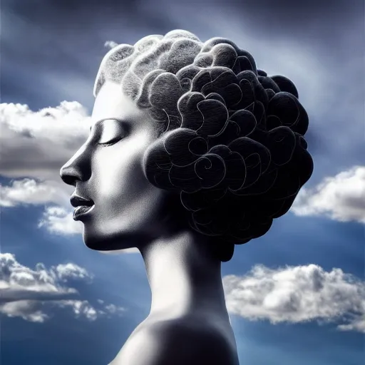 Image similar to the clouds in the sky take the shape of a woman face made of puffy clouds photoreal octane grey