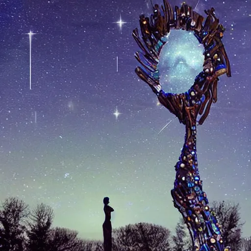 Image similar to A beautiful sculpture featuring a night sky filled with stars, and a small town in the distance. The sculpture is very peaceful and calming biopunk by Bill Medcalf, by Lisa Frank stormy