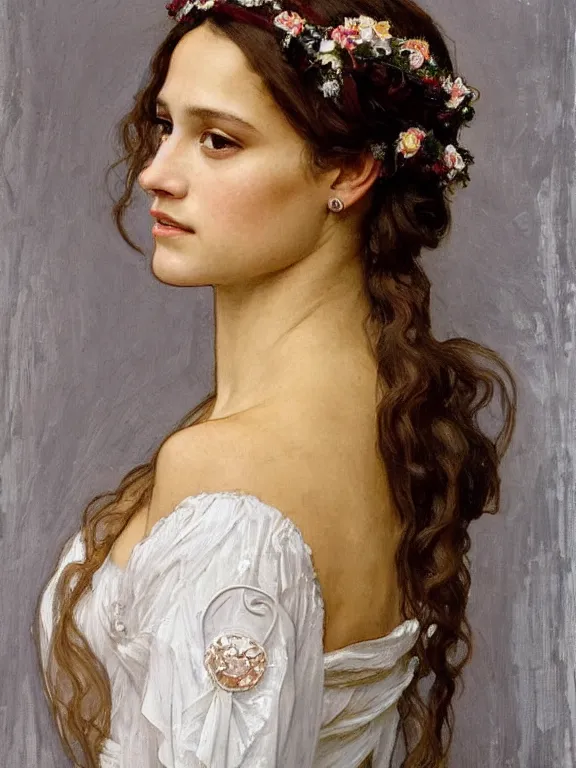 Image similar to an art nouveau style head and shoulders portrait oil painting of a pretty young alicia jessica vikander alba wearing a white victorian bridal gown, intricate, detailed, smooth, complex, elaborate, by alphonse mucha and james gurney and john william waterhouse and bouguereau