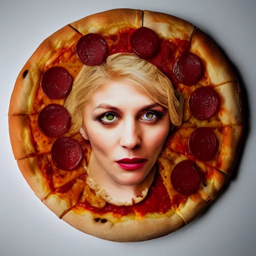 Prompt: nightmare queen of england made out of pizza, photorealistic