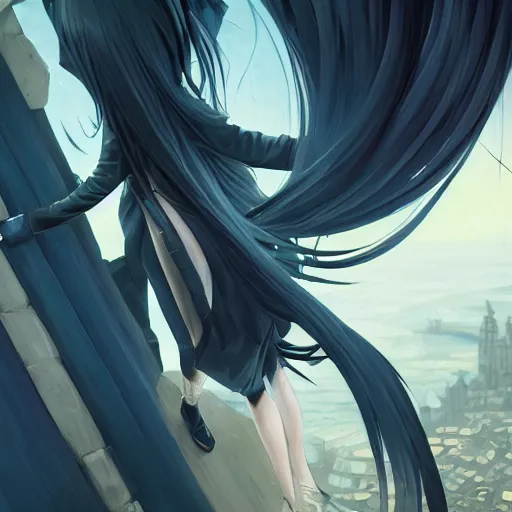 Image similar to low - angle shot from behind of a long blue - haired girl in a tailcoat overlooking demacia, combat boots, noir, screenshot, sharp focus, intricate, illustration, cell shaded, digital painting, highly detailed, straight hair, art by ilya kuvshinov, wlop, greg rutkowski, studio quality, james jean