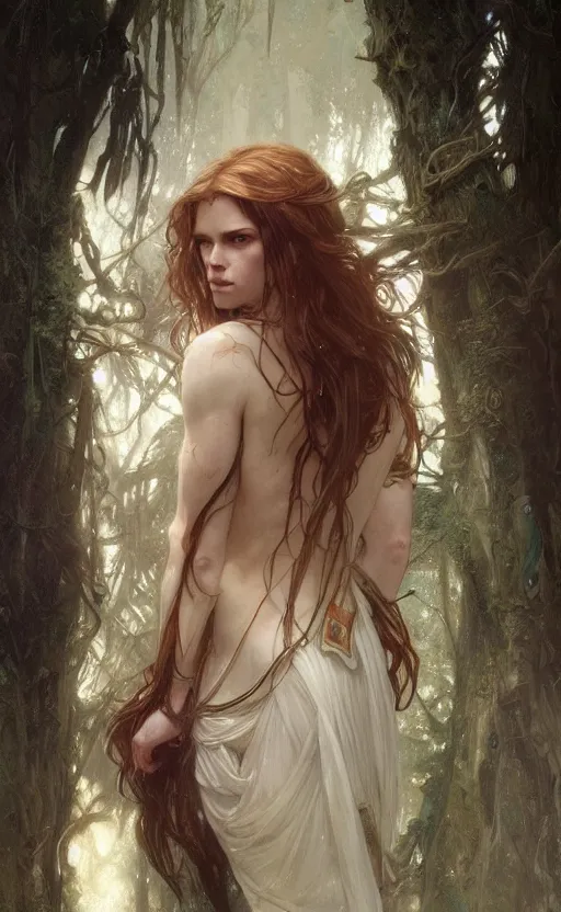 Image similar to God of the forest, pale hair, long hair, gorgeous, amazing, muscular, intricate, highly detailed, digital painting, artstation, concept art, sharp focus, illustration, art by greg rutkowski and alphonse mucha