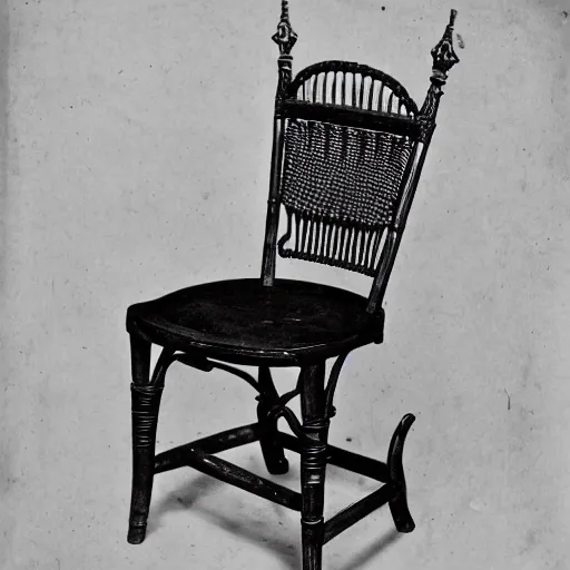 Prompt: An 1860s carte de visite photograph of an empty chair with a revolver sitting on it, beautiful handcrafted antique gun, wicker chair, high quality photograph, highly detailed, high definition, professionally photographed chair, revolver on chair, the gun is visible and prominent in the image, weapon photography, focus on revolver, 8k restored and remastered