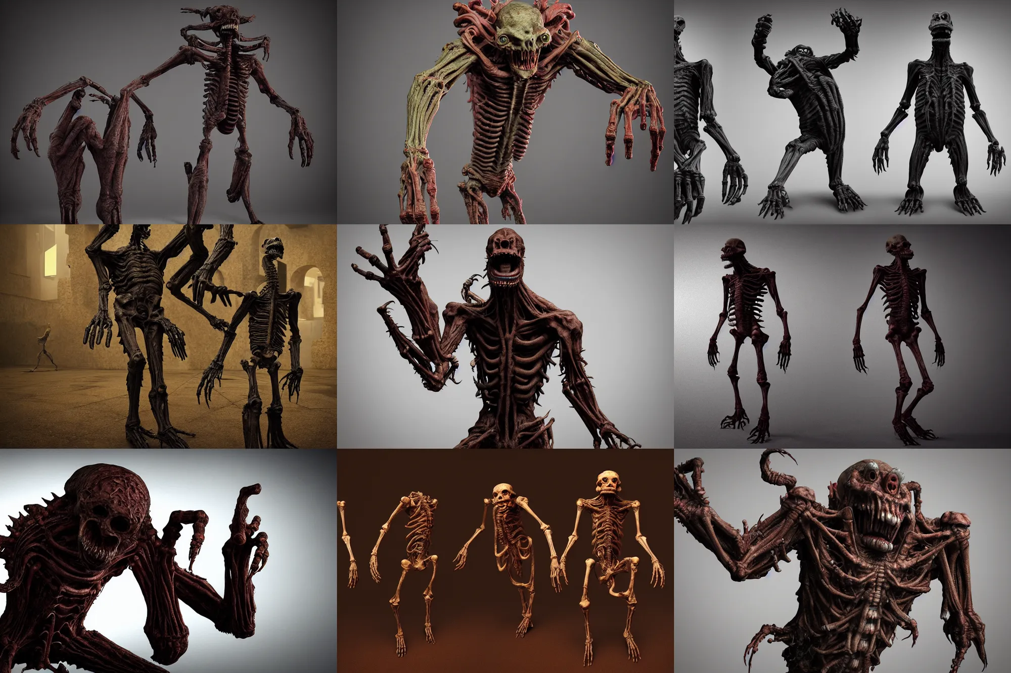 Prompt: humanoid monster with many arms, wide torso, bones, grotesque, body horror, octane render, unreal engine, inspired by guillermo del toro, david cronenberg, shabab alizadeh, maximus jacobs