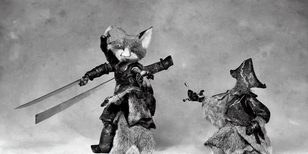 Image similar to anthropomorphic fox who is a medieval knight pointing a sword towards a stormy thundercloud 1 9 3 0 s film still, ladislas starevich puppet