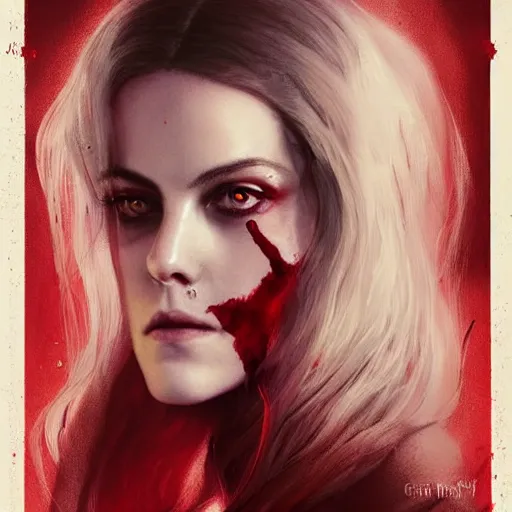 Image similar to portrait of beautiful riley keough as a vampire in bloody business suit, blood red eyes, fantasy, intricate, elegant, highly detailed, by greg rutkowski, cinematic movie poster