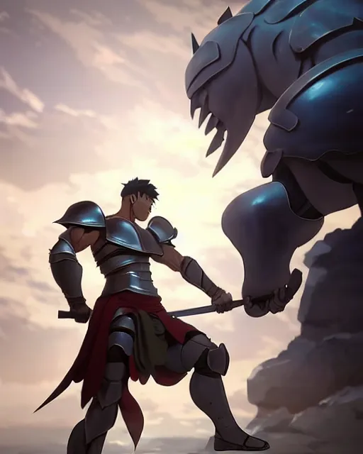 Image similar to strong muscular warrior with a greatsword and fully clad in plate armor, dramatic action pose, square masculine jaw, short messy hair, 3 d octane render, unreal engine 5, ultra high detail, cel shaded, trending on pixiv fanbox, by greg rutkowski makoto shinkai takashi takeuchi studio ghibli, akihiko yoshida