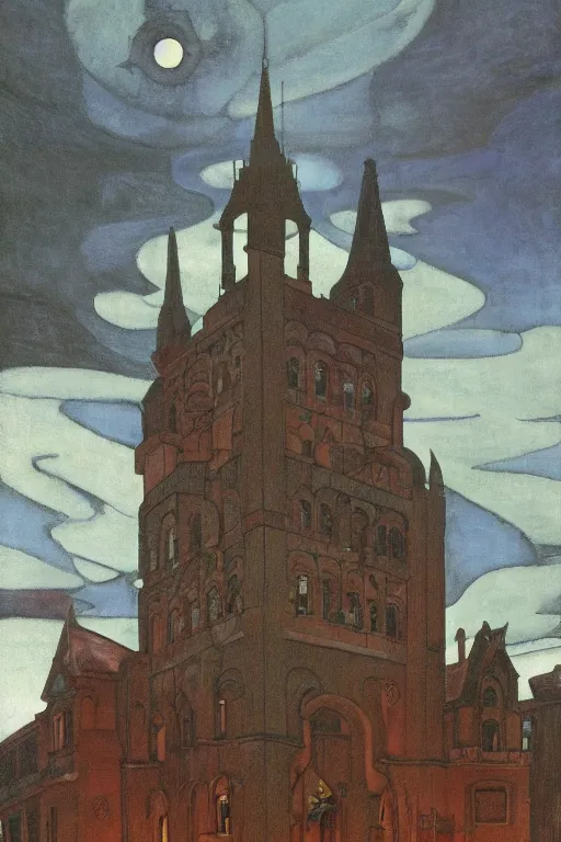 Image similar to view of the old tower and its gardens after a storm, tall windows lit up, beautiful ornamental architecture, dramatic cinematic lighting, rich colors, by Nicholas Roerich and and Caspar David Friedrich and ford madox brown and April Gornik and ((Diego Rivera)), featured on artstation