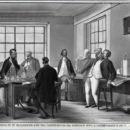 Image similar to a group of Ben Franklins boasting to each other in a laboratory