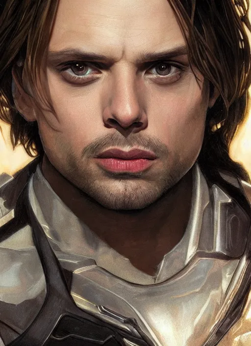 Image similar to sebastian stan as the winter soldier, close up of beautiful highly detailed face. painted by artgerm and greg rutkowski and alphonse mucha