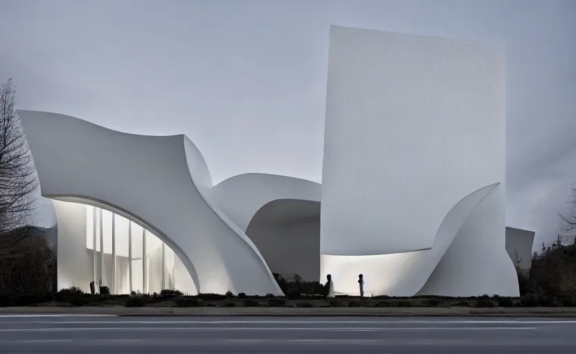 Prompt: exterior painting of a white architecture by zaha hadid and peter zumthor painted by greg ruthkowski, cinematic and atmospheric lighting