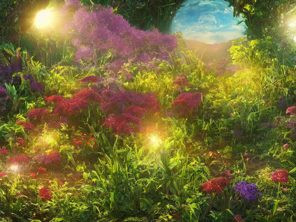 Prompt: sunlight study, the universe is a spheroid region 7 0 5 meters in diameter of kauai wildflower undergrowth, art nouveau, by rachel ruysch and ( ( ( ( ( lisa frank ) ) ) ) ), 8 k, sharp focus, octane render