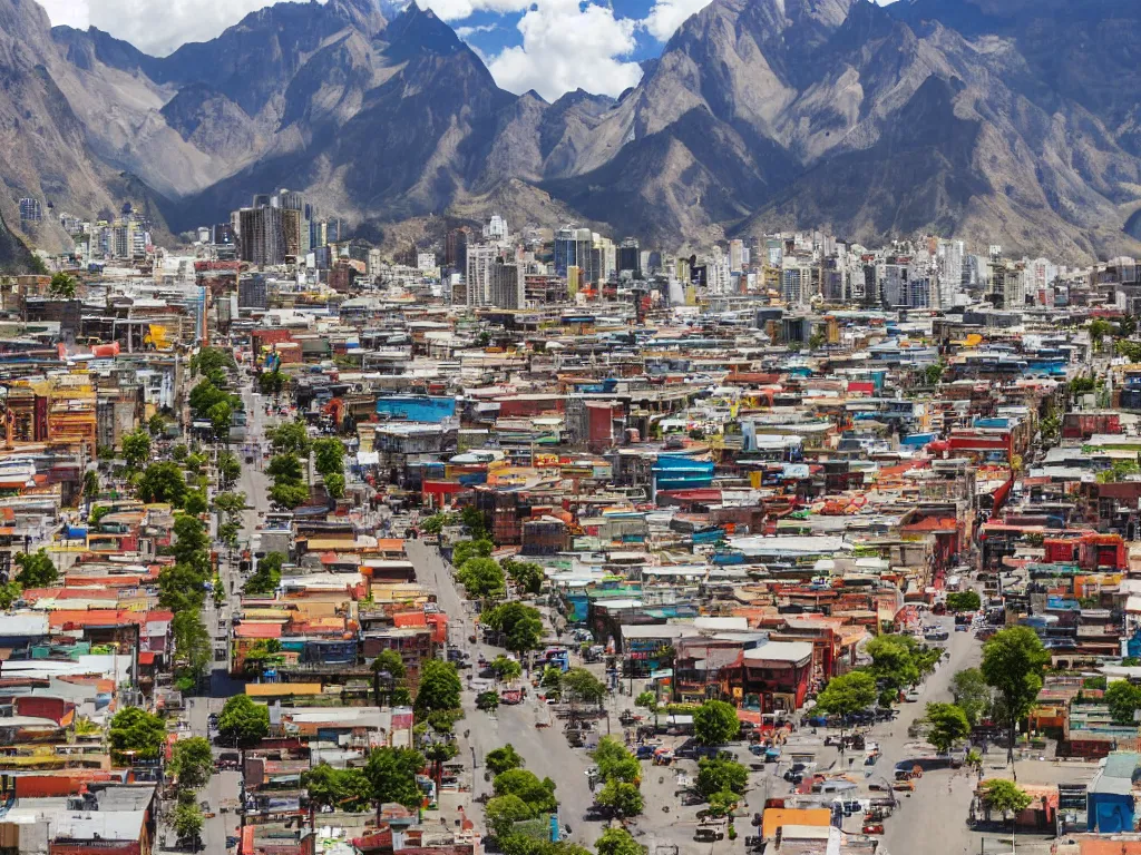 Prompt: south american city market street with tall buildings in a valley with rocky mountains