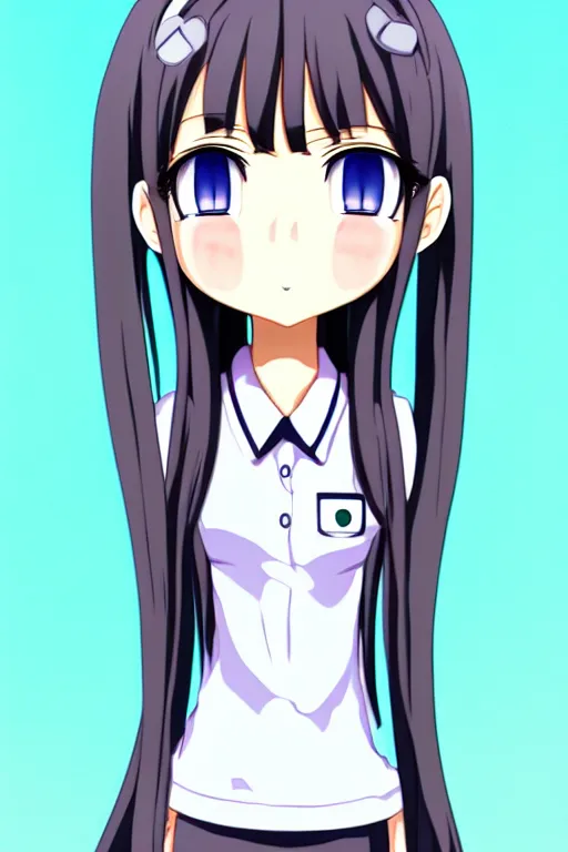 Image similar to full body anime portrait of a cute android girl round eyes long hair dressed in a school uniform inside the school, stunning, highly detailed, anatomically correct