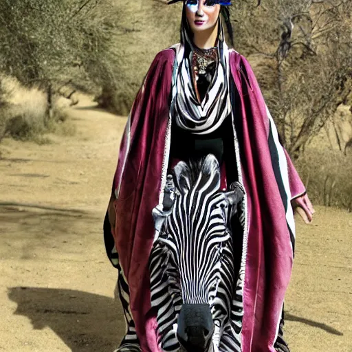 Prompt: anthropomorphic zebra sorceress in elegant magical robes