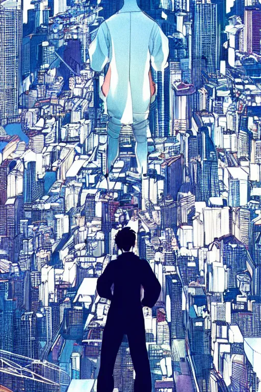 Prompt: man in white tracksuit overlooking a city, style of Mirror\'s Edge, beautiful artwork by Makato Shinkai + Satoshi Kon + Katsuhiro Otomo, anime