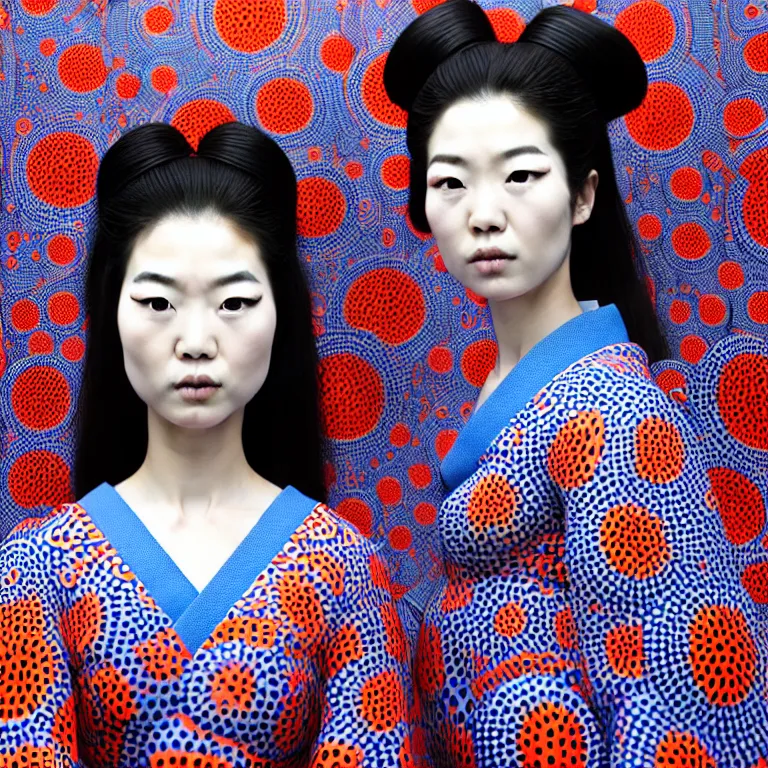 Image similar to hyperrealistic detailed image of a geisha in a art installation room, hd smooth interior by yayoi kusama, part by kei mieno, part by ross tran, dark art by james jean, ultra realistic, highly detailed, life like face, detailed body, 8 k, 3 d render by roger magrini, very cohesive, masterpiece